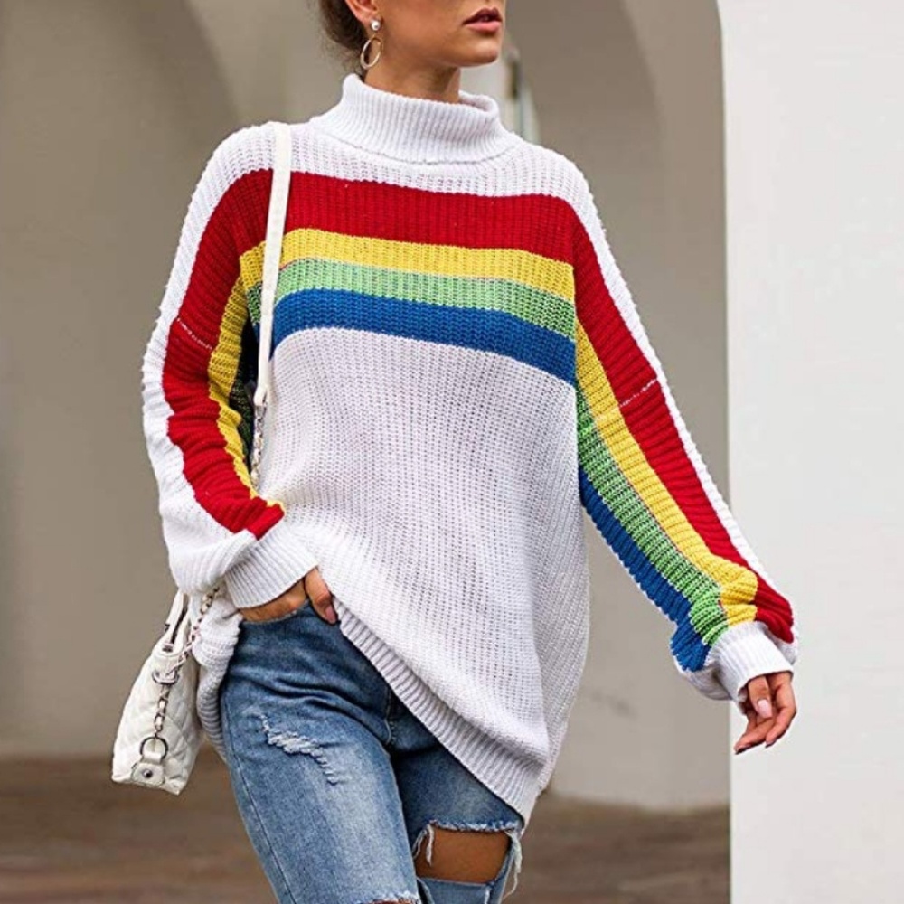 Retro white rainbow oversized turtleneck sweater